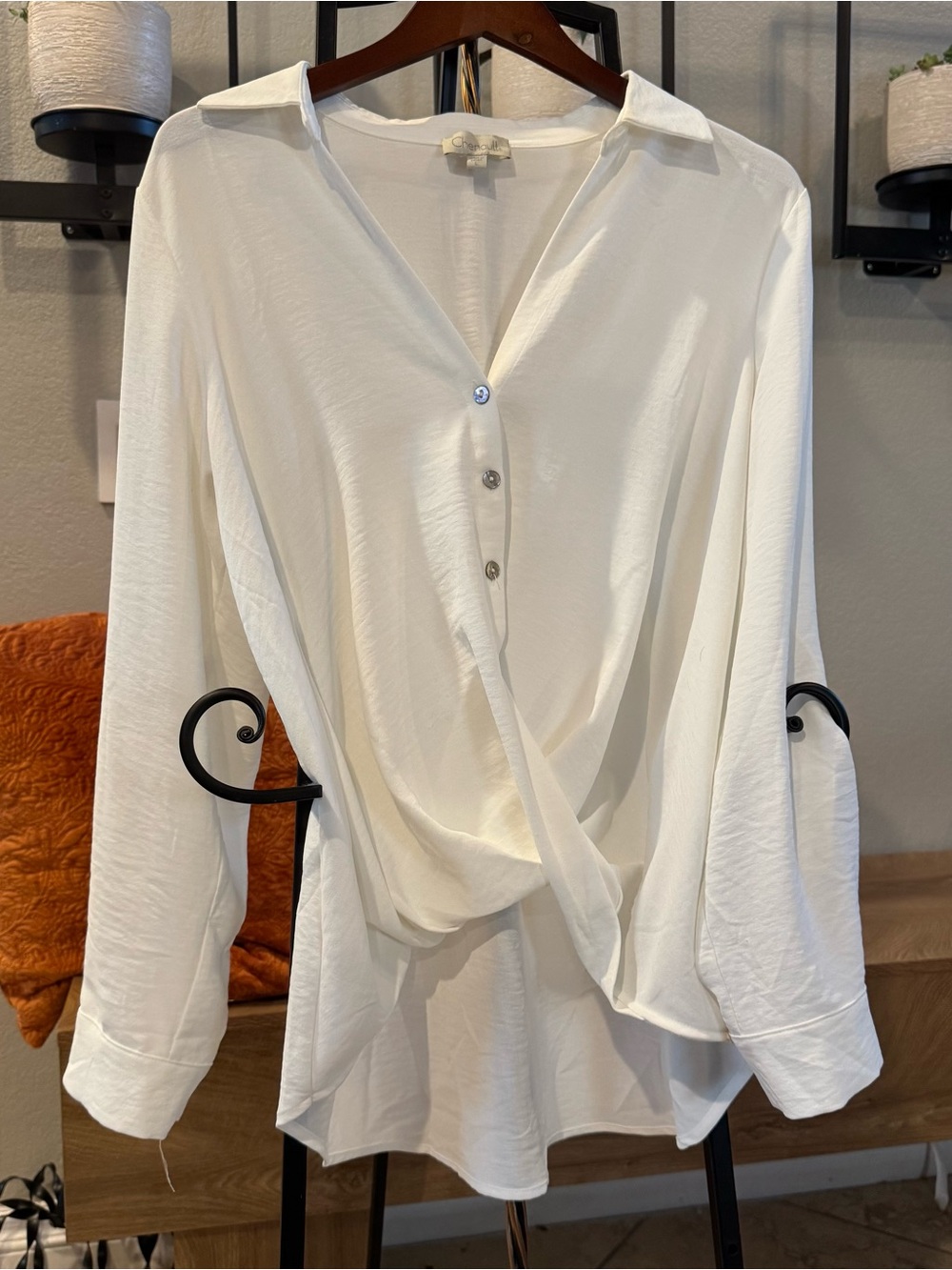 Chenault White Draped Twisted Button-Front Blouse